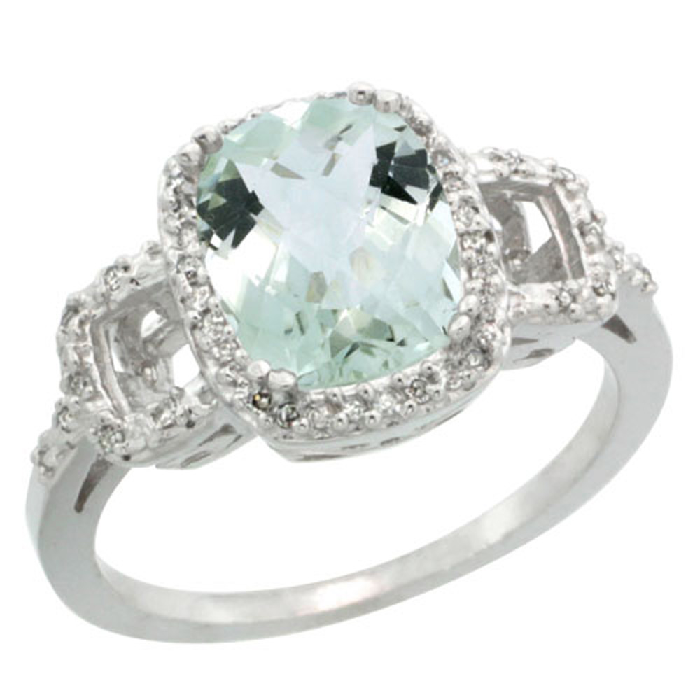 Sterling Silver Diamond Natural Green Amethyst Ring Cushion-cut 9x7mm, 1/2 inch wide, sizes 5-10