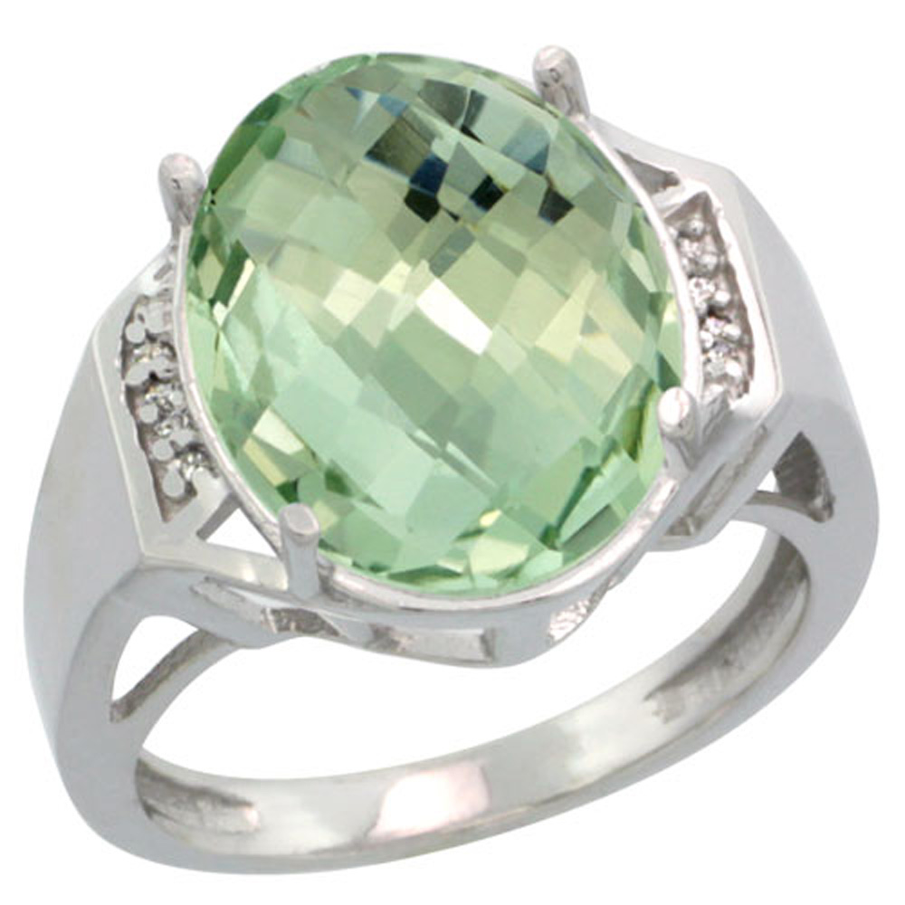 Sterling Silver Diamond Natural Green Amethyst Ring Oval 16x12mm, 5/8 inch wide, sizes 5-10