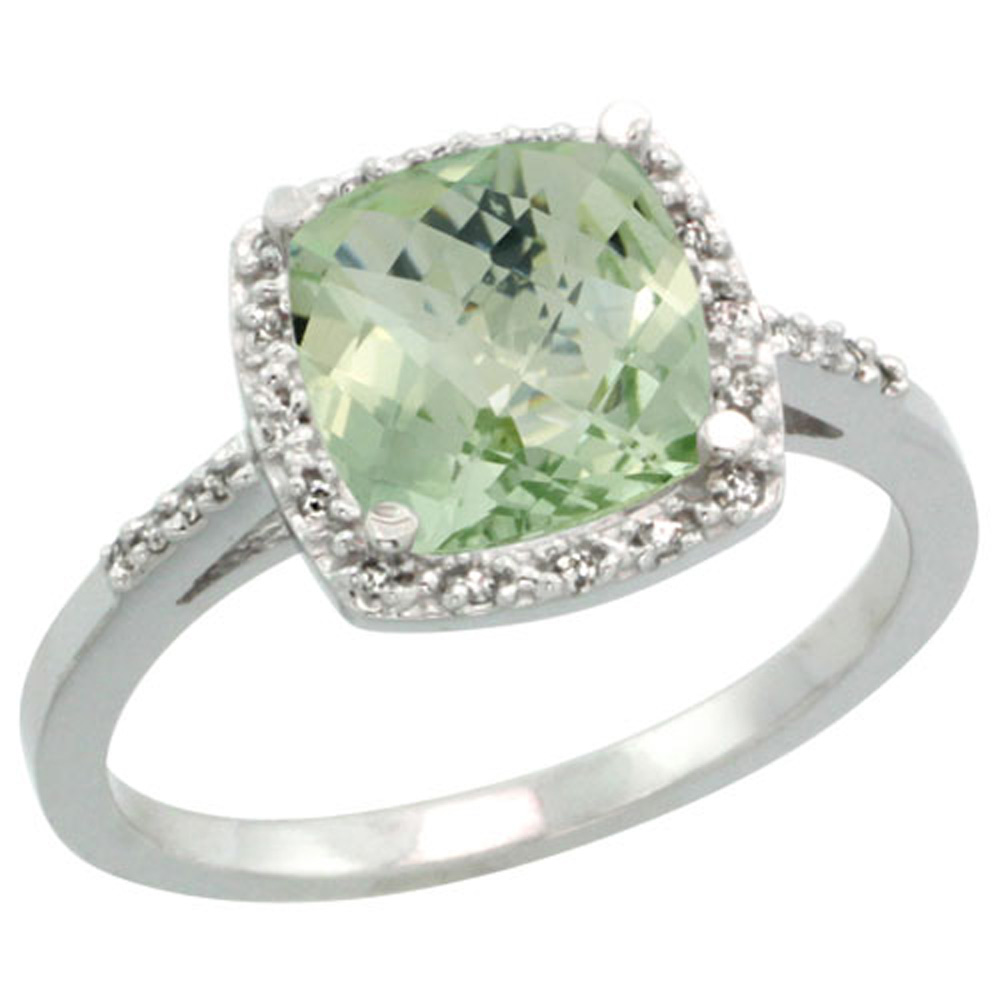 Sterling Silver Diamond Natural Green Amethyst Ring Cushion-cut 8x8mm, 1/2 inch wide, sizes 5-10