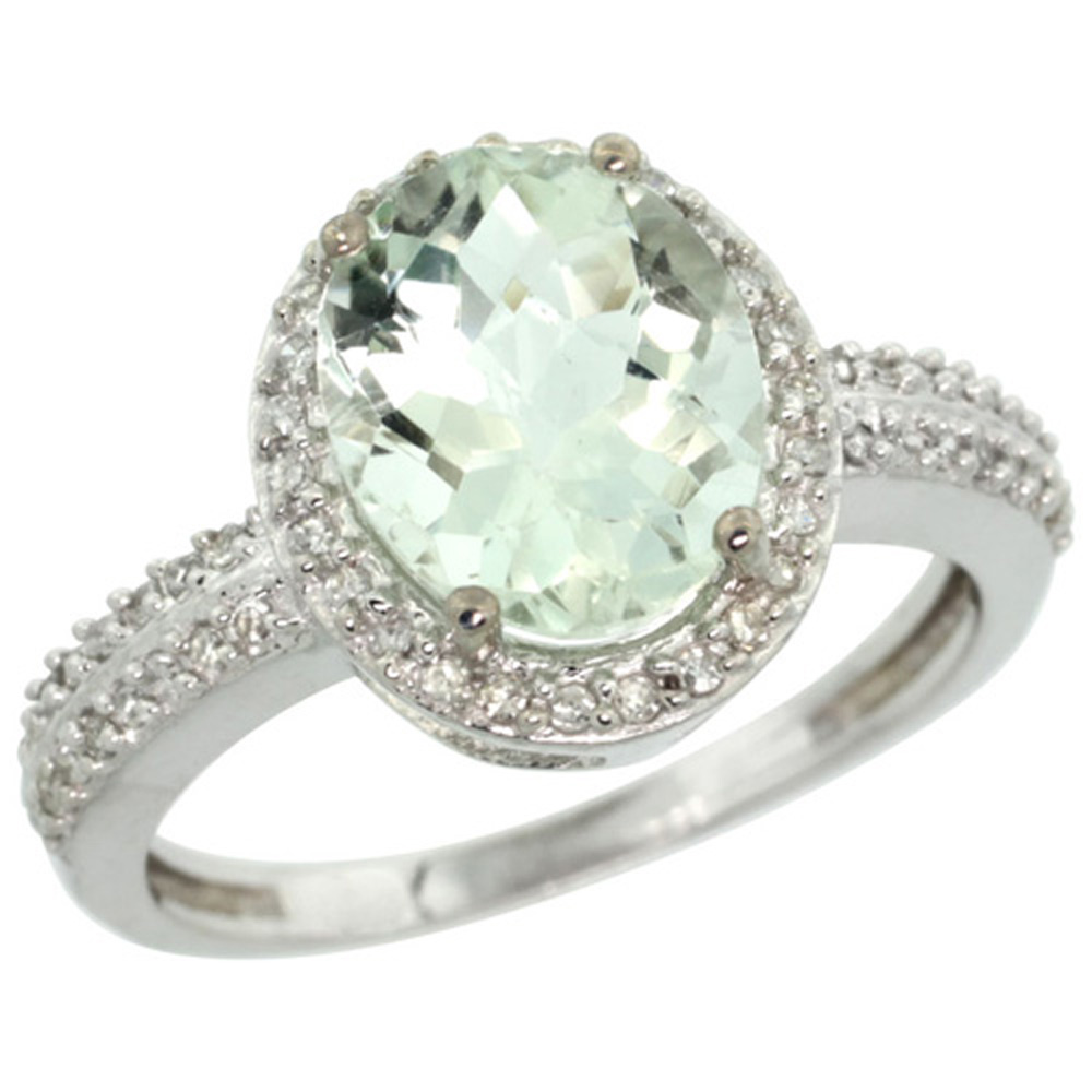 Sterling Silver Diamond Natural Green Amethyst Ring Ring Oval 10x8mm, 1/2 inch wide, sizes 5-10