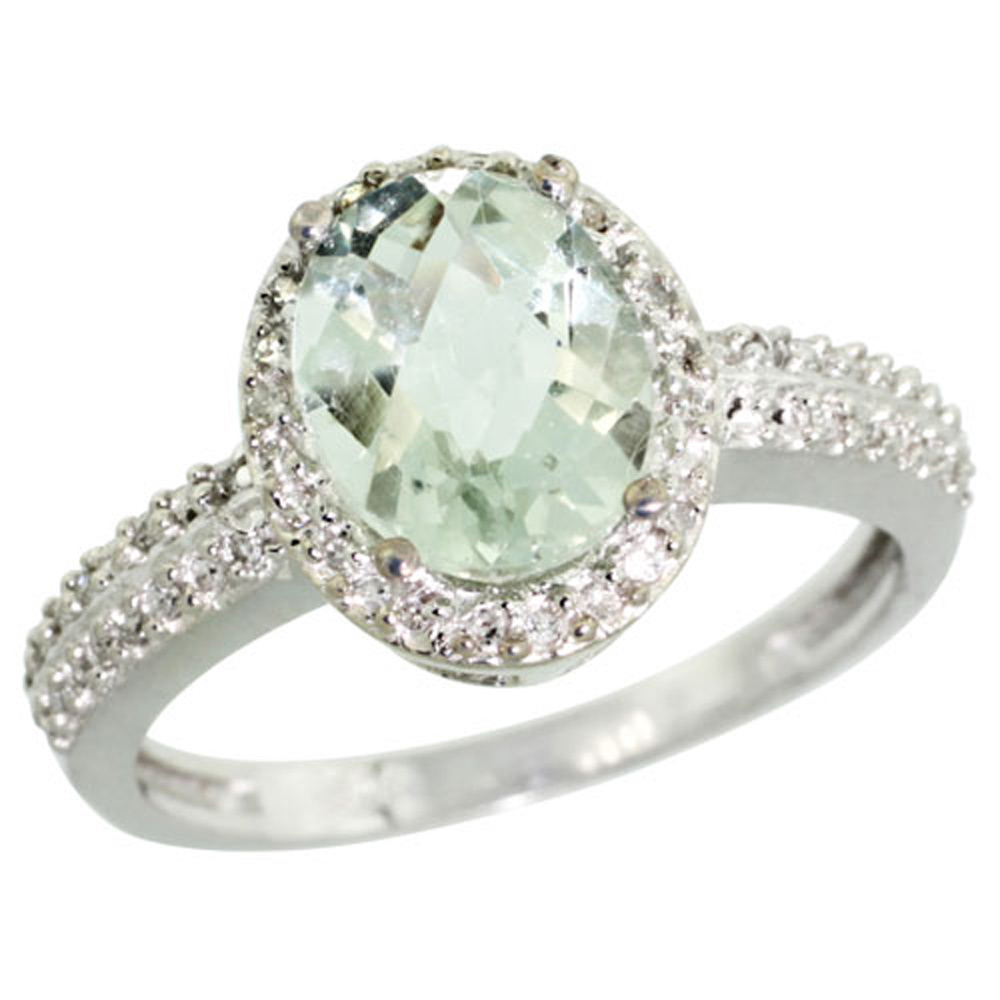 Sterling Silver Diamond Natural Green Amethyst Ring Ring Oval 9x7mm, 1/2 inch wide, sizes 5-10