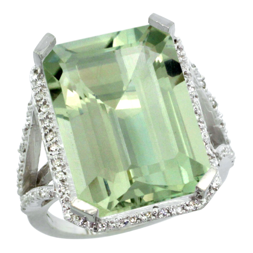 Sterling Silver Diamond Green Amethyst Ring Emerald-cut 18x13mm, 13/16 inch wide, sizes 5-10