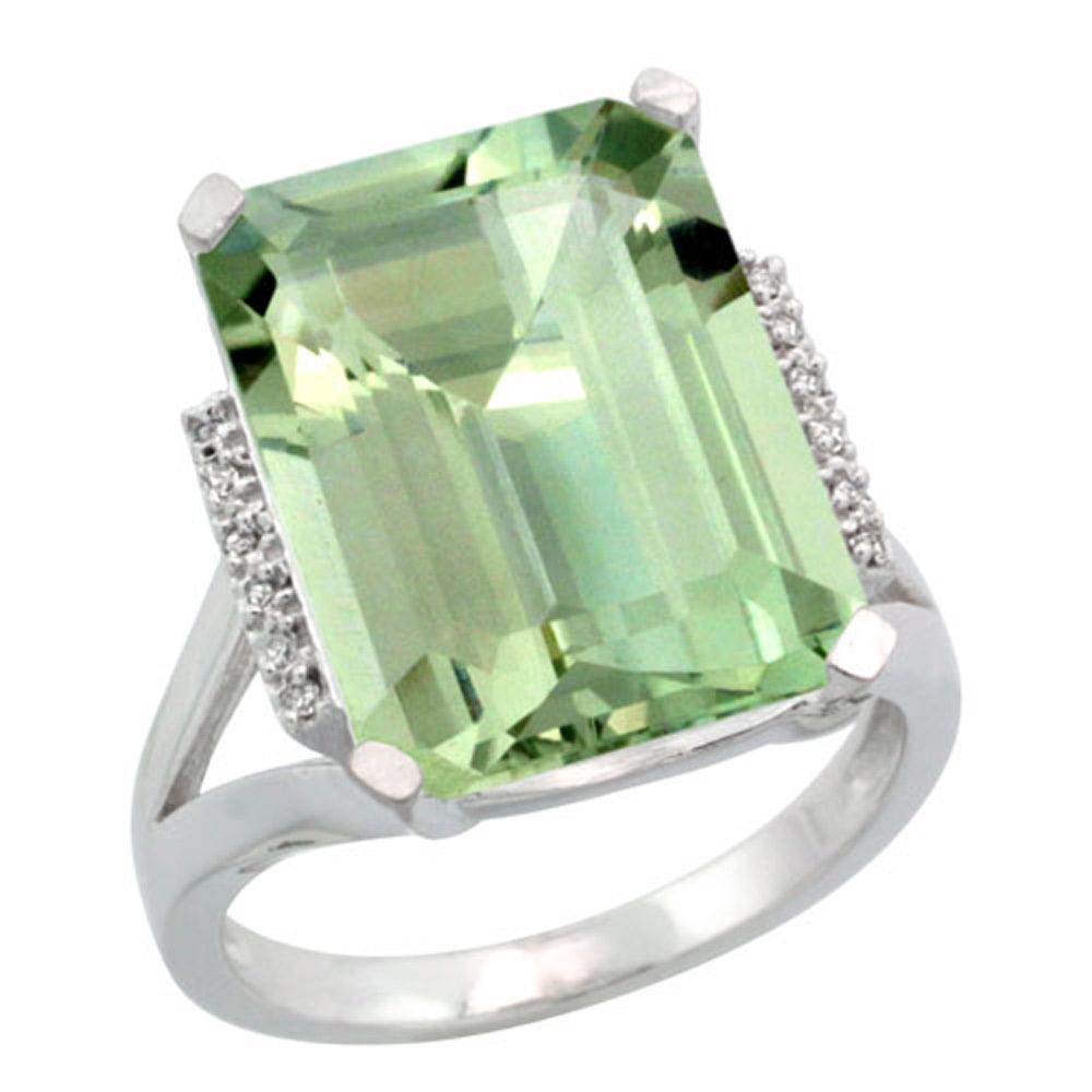 Sterling Silver Diamond Natural Green Amethyst Ring Emerald-cut 16x12mm, 3/4 inch wide, sizes 5-10