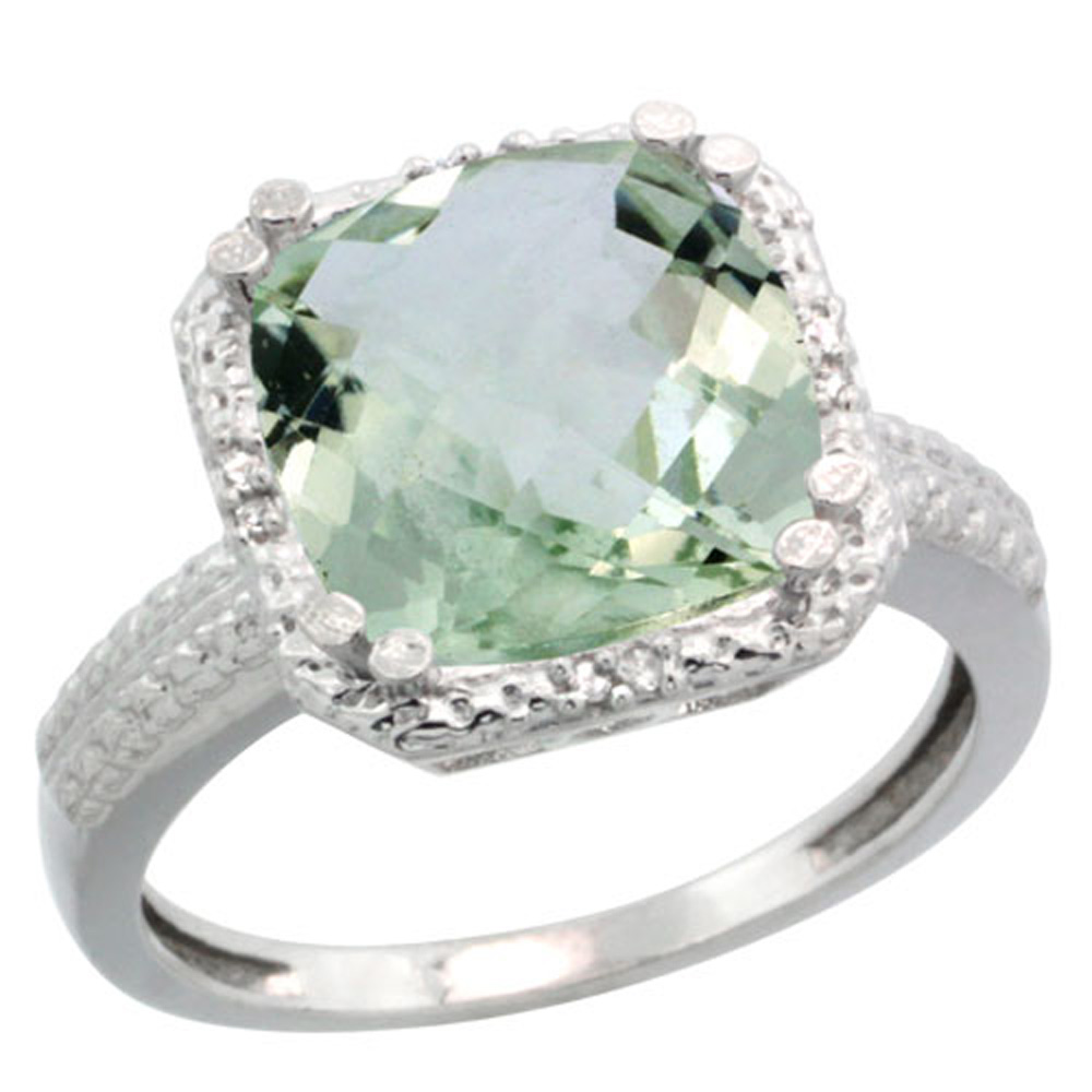 Sterling Silver Diamond Natural Green Amethyst Ring Cushion-cut 11x11mm, 1/2 inch wide, sizes 5-10