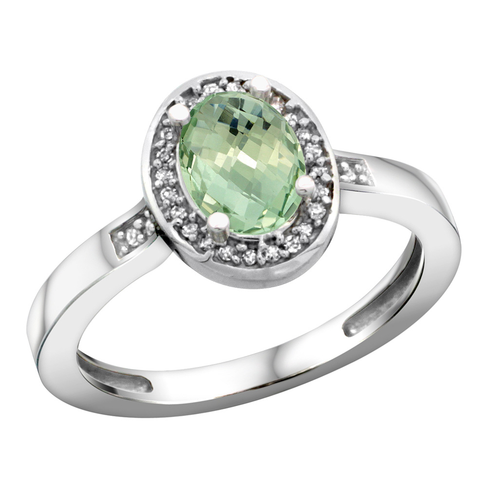 Sterling Silver Diamond Natural Green Amethyst Ring Oval 7x5mm, 1/2 inch wide, sizes 5-10