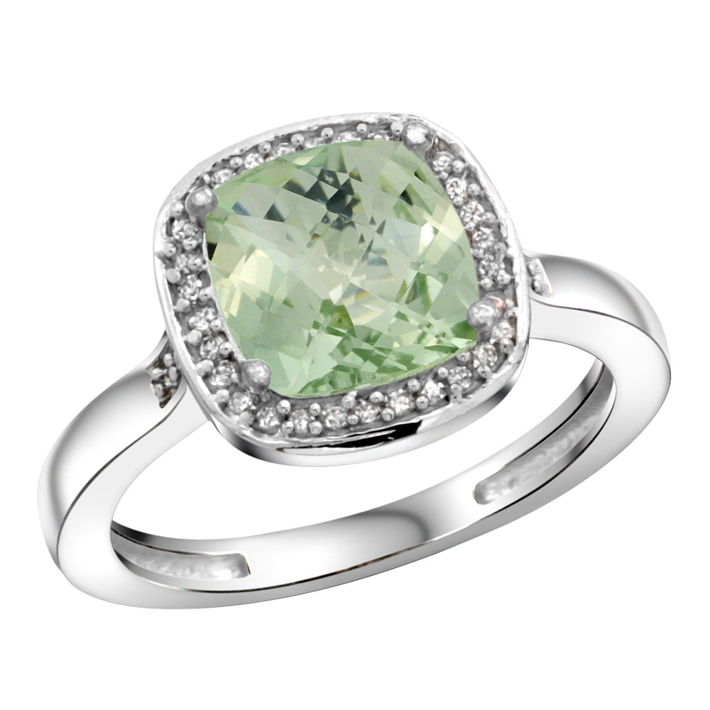 Sterling Silver Diamond Natural Green Amethyst Ring Cushion-cut 8x8mm, 1/2 inch wide, sizes 5-10