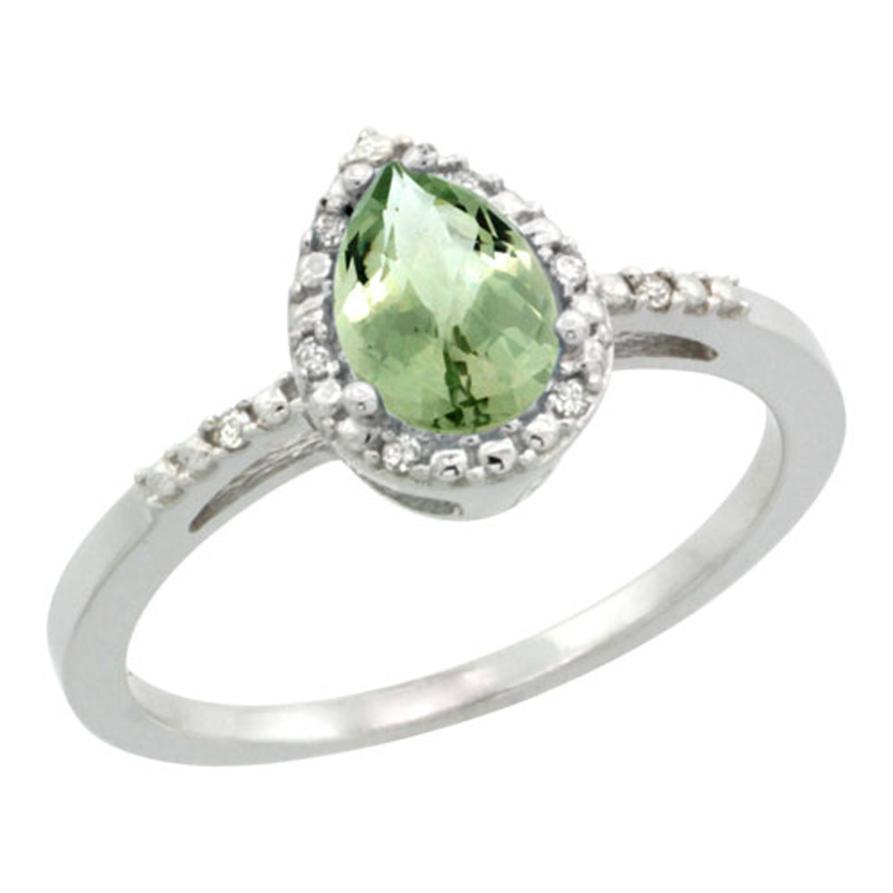 Sterling Silver Diamond Natural Green Amethyst Ring Pear 7x5mm, 3/8 inch wide, sizes 5-10