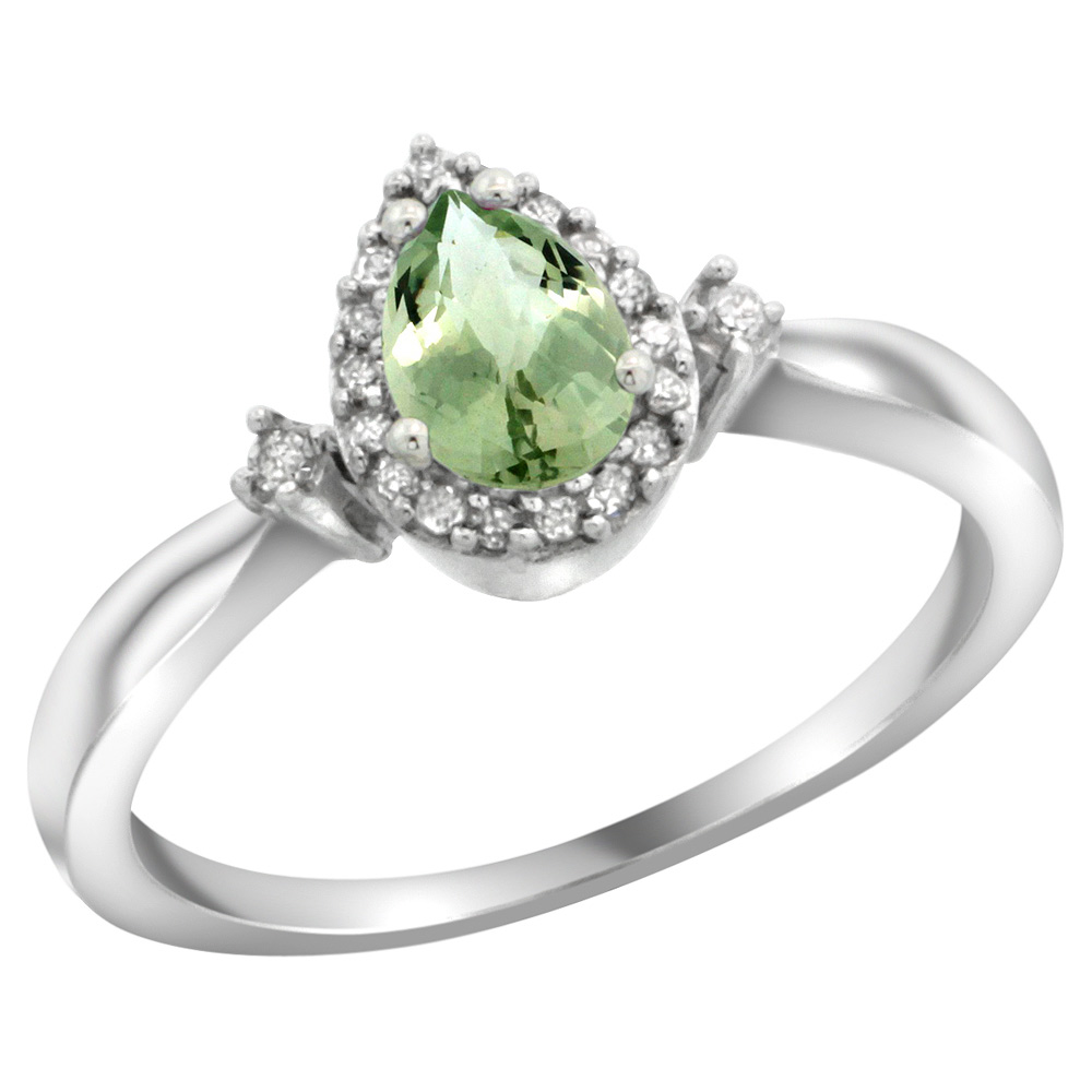 Sterling Silver Diamond Natural Green Amethyst Ring Pear 6x4mm, 3/8 inch wide, sizes 5-10
