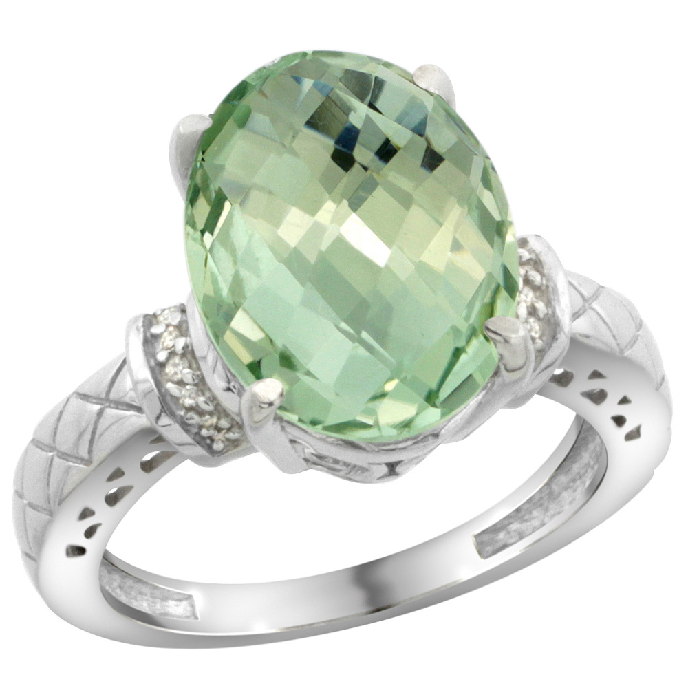 Sterling Silver Diamond Natural Green Amethyst Ring Oval 14x10mm, sizes 5-10