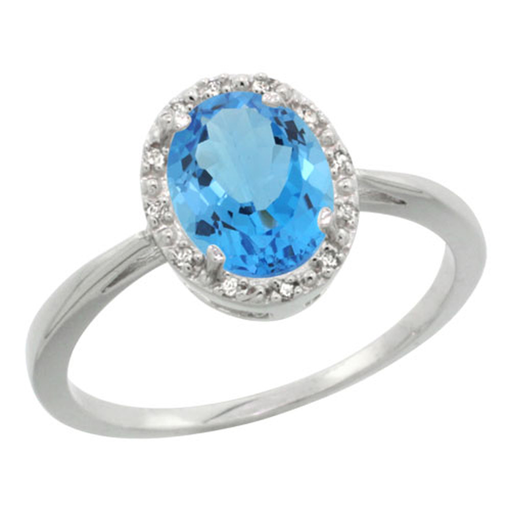 Sterling Silver Natural Swiss Blue Topaz Diamond Halo Ring Oval 8X6mm, 1/2 inch wide, sizes 5-10