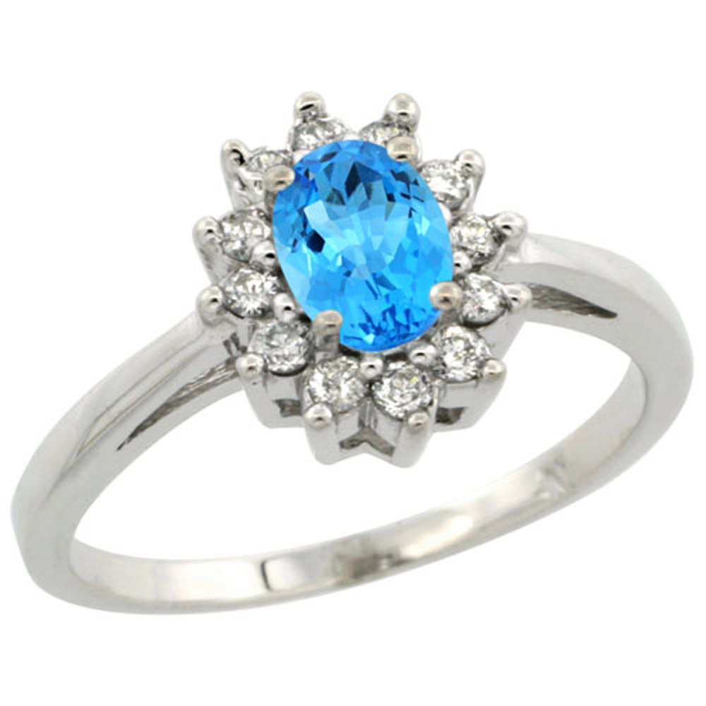 Sterling Silver Natural Swiss Blue Topaz Diamond Flower Halo Ring Oval 6X4mm, 3/8 inch wide, sizes 5-10