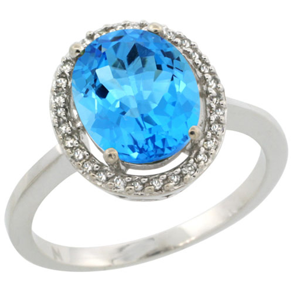Sterling Silver Diamond Halo Natural Swiss Blue Topaz Ring Oval 10X8 mm, 1/2 inch wide, sizes 5-10
