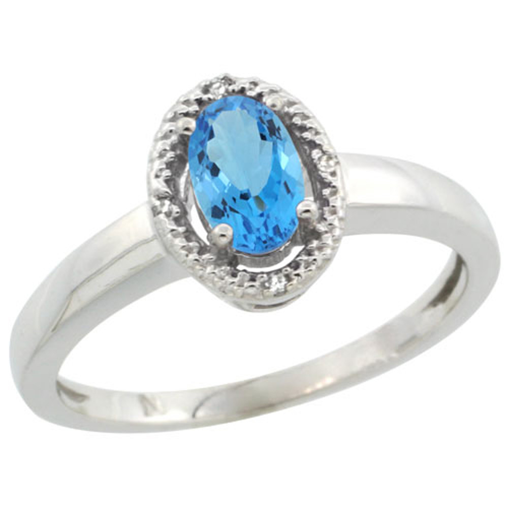 Sterling Silver Diamond Halo Natural Swiss Blue Topaz Ring Oval 6X4 mm, 3/8 inch wide, sizes 5-10