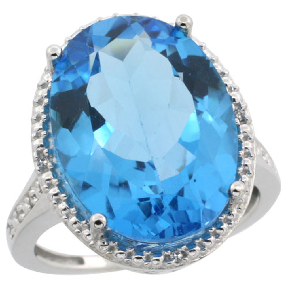 Sterling Silver Diamond Natural Swiss Blue Topaz Ring Oval 18x13mm, 3/4 inch wide, sizes 5-10