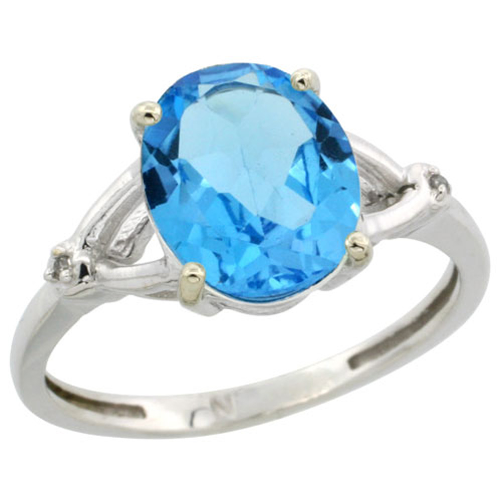 STERLING SILVER SIMPLE LARGE 4 PRONG 10X8MM OVAL SWISS BLUE TOPAZ ENGAGEMENT RING FOR WOMEN 3/8 INCH WIDE SIZES 6-10 (NO CHAIN)