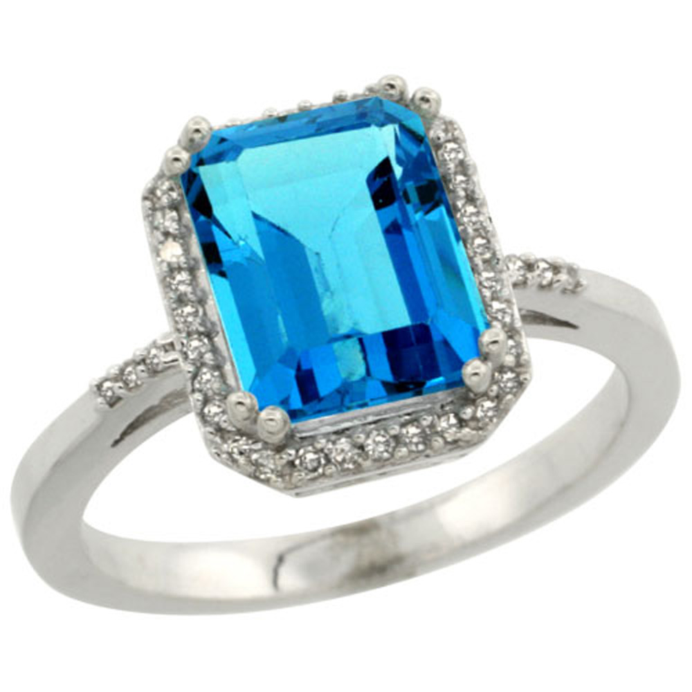 Sterling Silver Diamond Natural Swiss Blue Topaz Ring Emerald-cut 9x7mm, 1/2 inch wide, sizes 5-10
