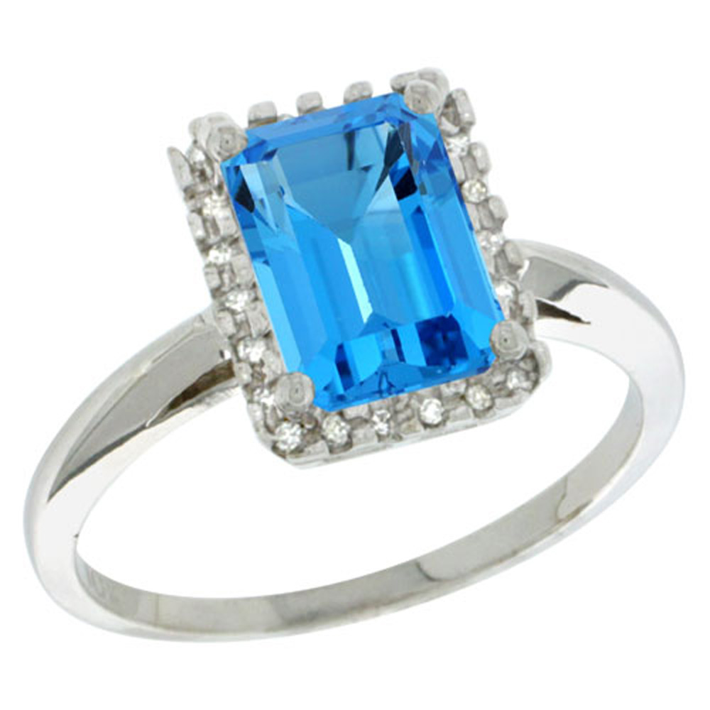 Sterling Silver Diamond Natural Swiss Blue Topaz Ring Emerald-cut 8x6mm, 1/2 inch wide, sizes 5-10