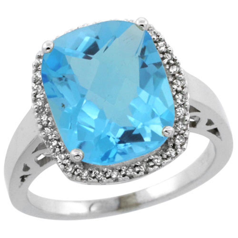 Sterling Silver Diamond Natural Swiss Blue Topaz Ring Cushion-cut 12x10mm, 1/2 inch wide, sizes 5-10
