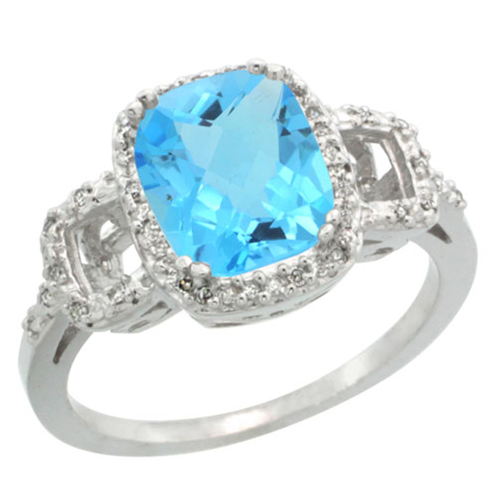 Sterling Silver Diamond Natural Swiss Blue Topaz Ring Cushion-cut 9x7mm, 1/2 inch wide, sizes 5-10