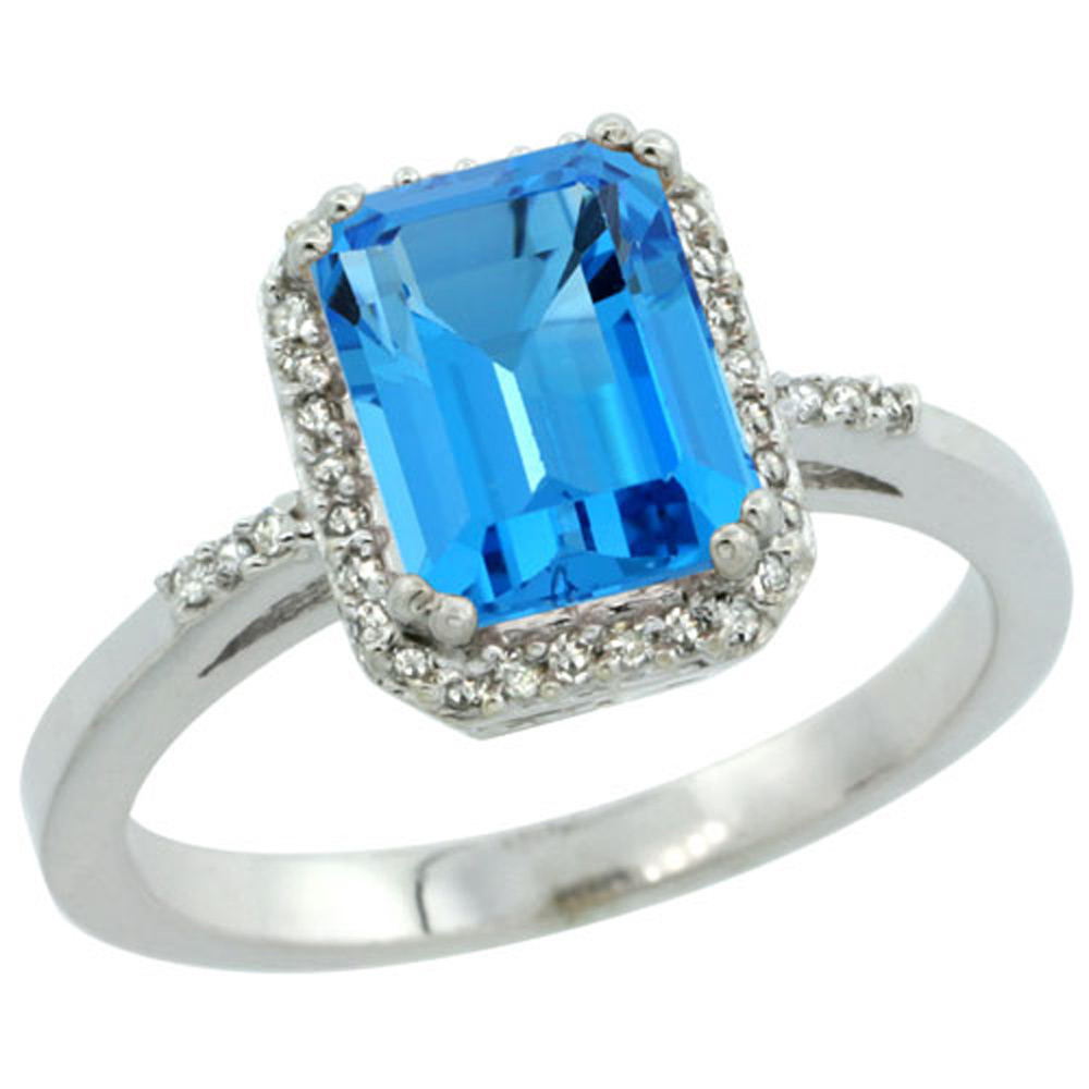 Sterling Silver Diamond Natural Swiss Blue Topaz Ring Emerald-cut 8x6mm, 1/2 inch wide, sizes 5-10