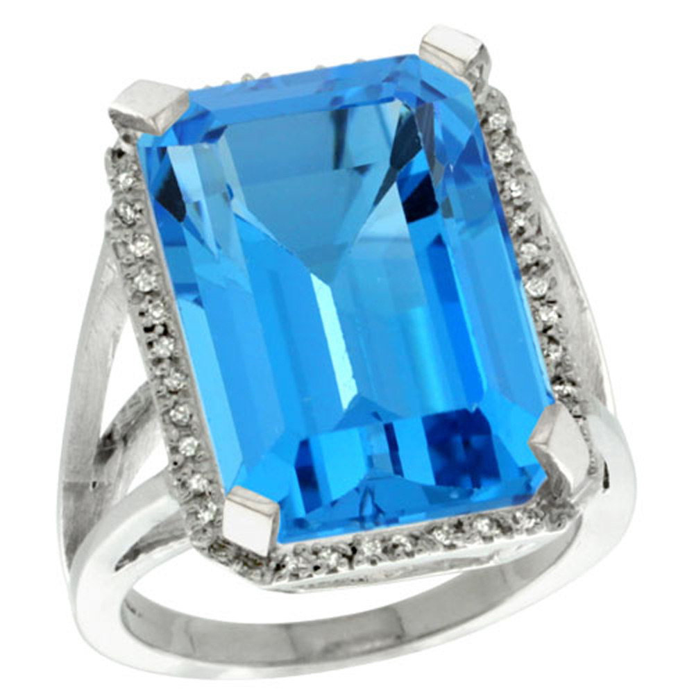 Sterling Silver Diamond Natural Swiss Blue Topaz Ring Emerald-cut 18x13mm, 13/16 inch wide, sizes 5-10