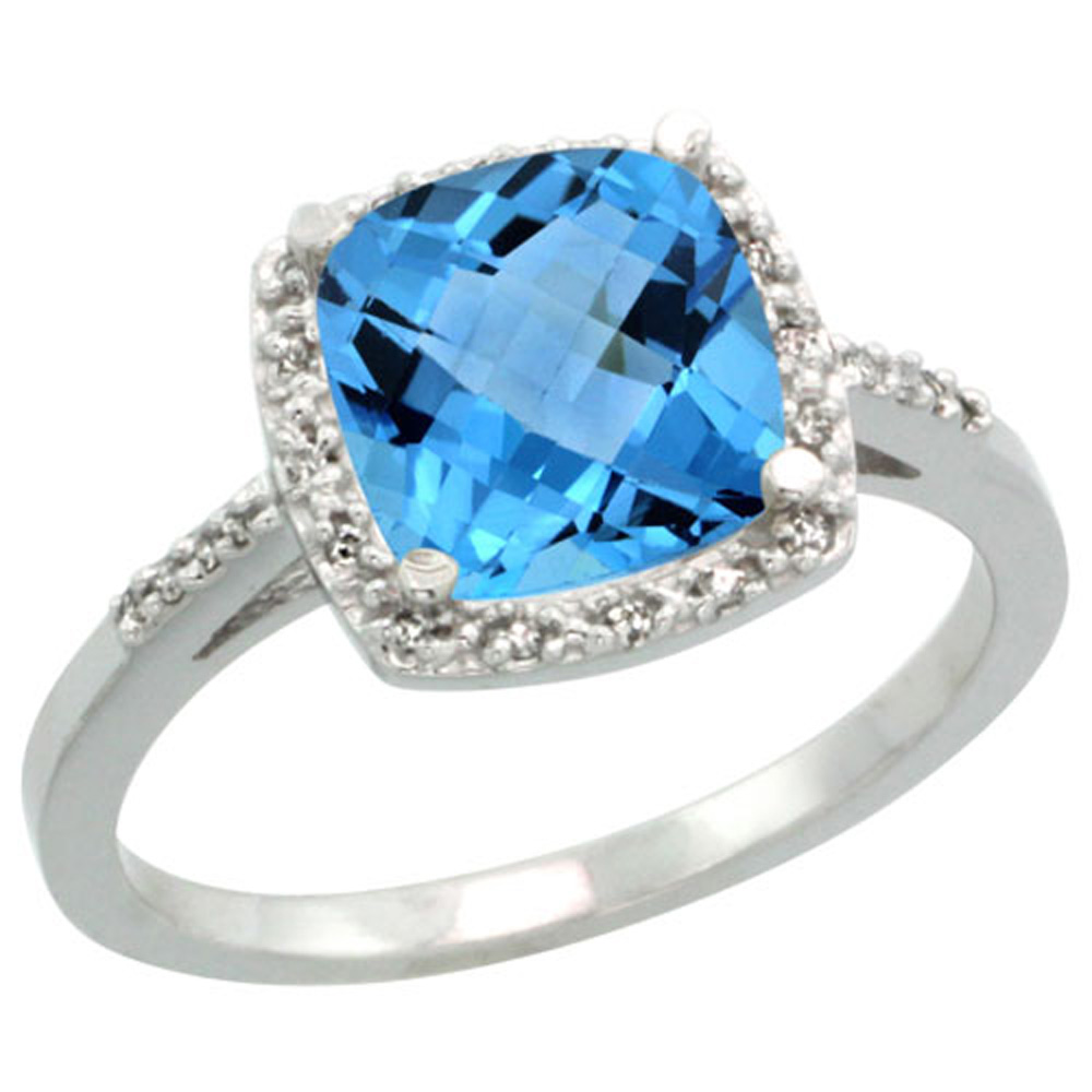 Sterling Silver Diamond Natural Swiss Blue Topaz Ring Cushion-cut 8x8mm, 1/2 inch wide, sizes 5-10