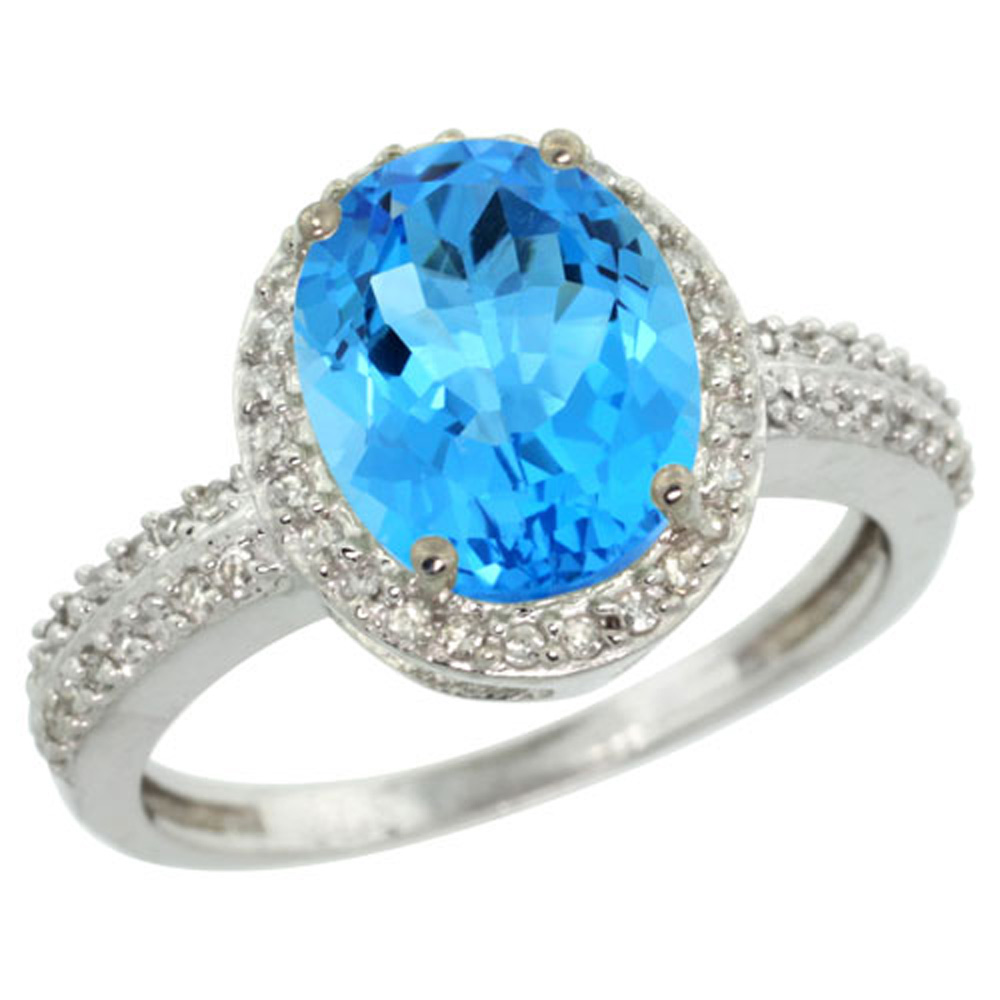 Sterling Silver Diamond Natural Swiss Blue Topaz Ring Oval 10x8mm, 1/2 inch wide, sizes 5-10
