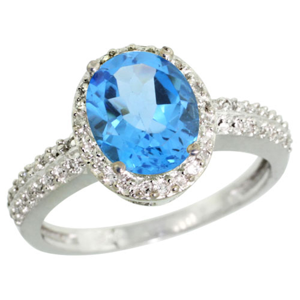 Sterling Silver Diamond Natural Swiss Blue Topaz Ring Oval 9x7mm, 1/2 inch wide, sizes 5-10