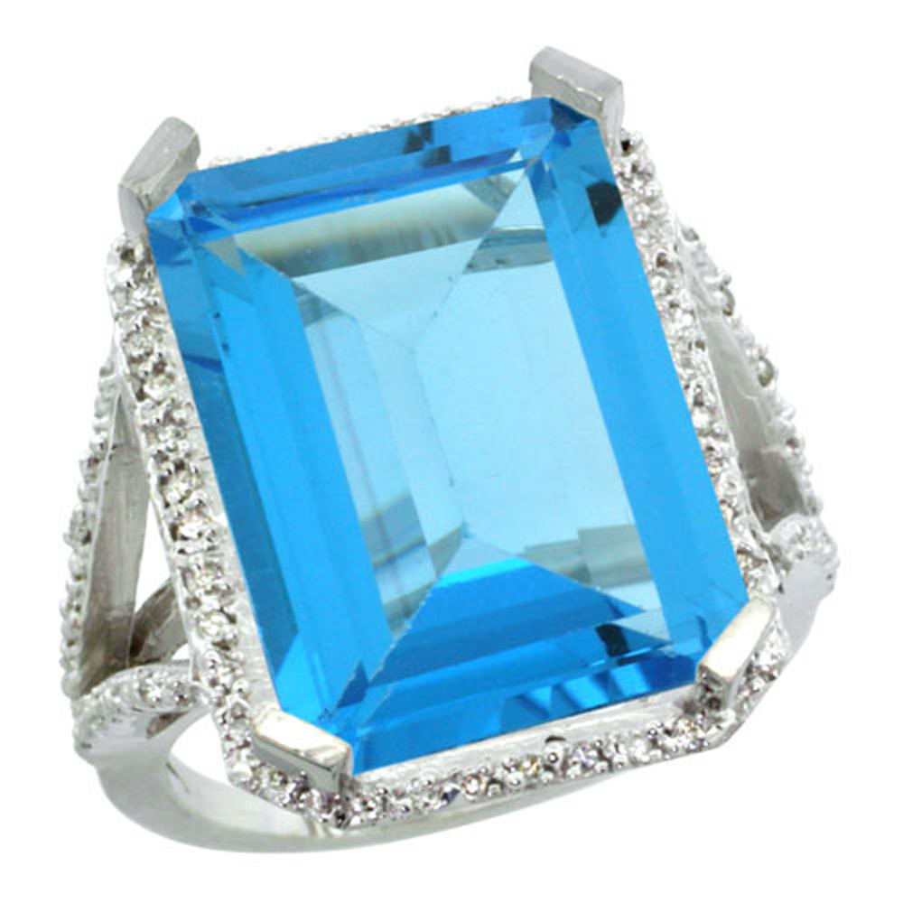Sterling Silver Diamond Natural Swiss Blue Topaz Ring Emerald-cut 18x13mm, 13/16 inch wide, sizes 5-10