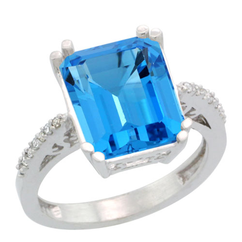 Sterling Silver Diamond Natural Swiss Blue Topaz Ring Emerald-cut 12x10mm, 1/2 inch wide, sizes 5-10