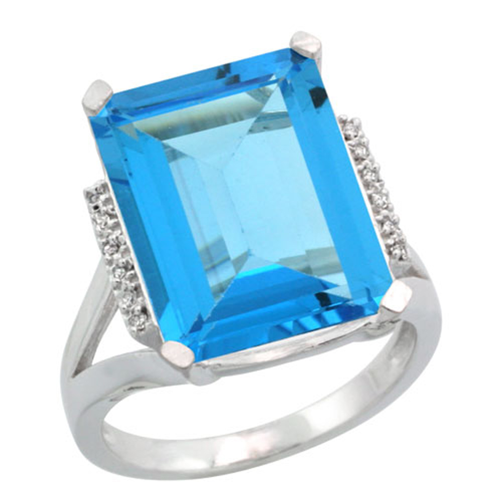 Sterling Silver Diamond Natural Swiss Blue Topaz Ring Emerald-cut 16x12mm, 3/4 inch wide, sizes 5-10