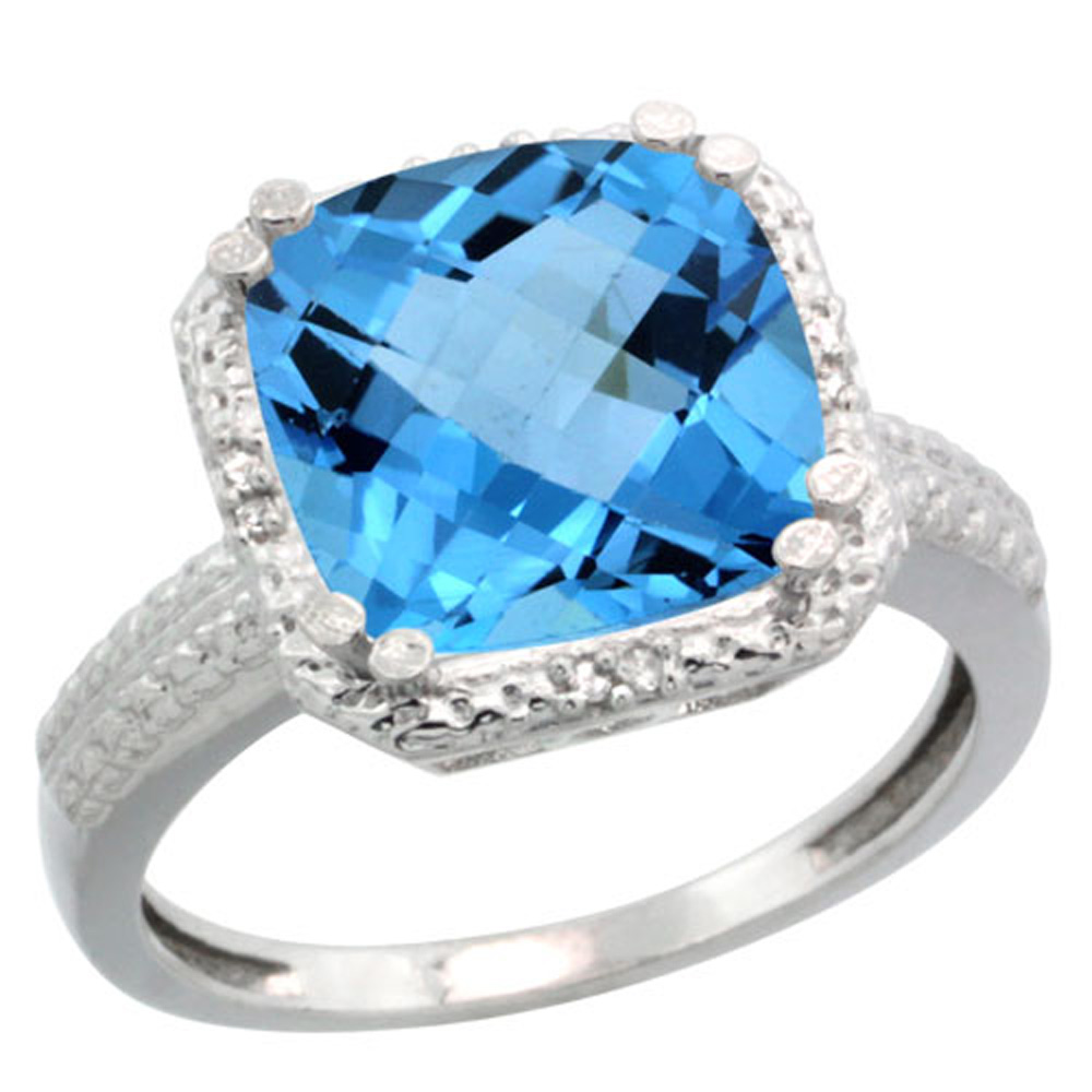Sterling Silver Diamond Natural Swiss Blue Topaz Ring Cushion-cut 11x11mm, 1/2 inch wide, sizes 5-10