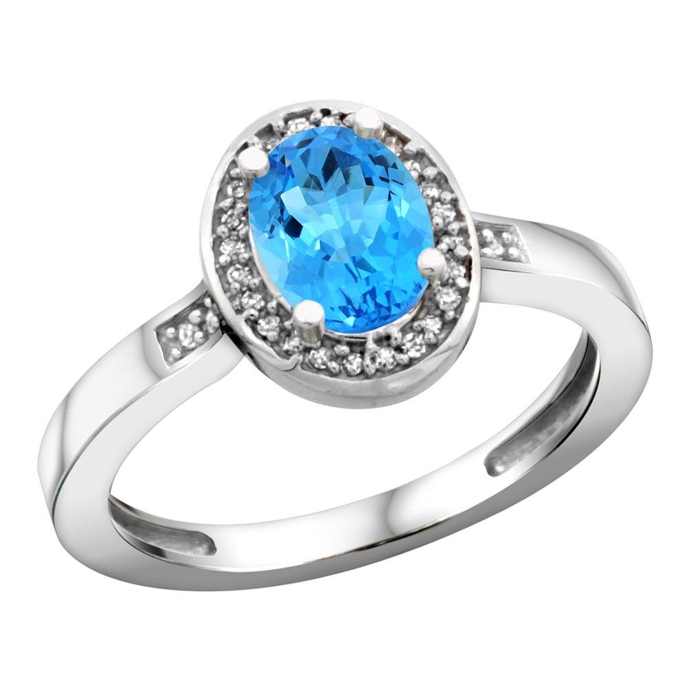 Sterling Silver Diamond Natural Swiss Blue Topaz Ring Oval 7x5mm, 1/2 inch wide, sizes 5-10