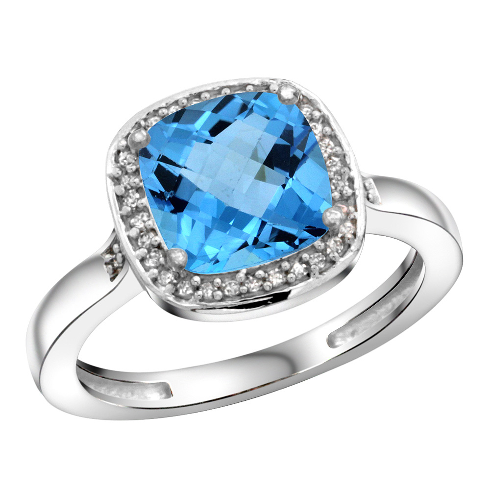 Sterling Silver Diamond Natural Swiss Blue Topaz Ring Cushion-cut 8x8mm, 1/2 inch wide, sizes 5-10
