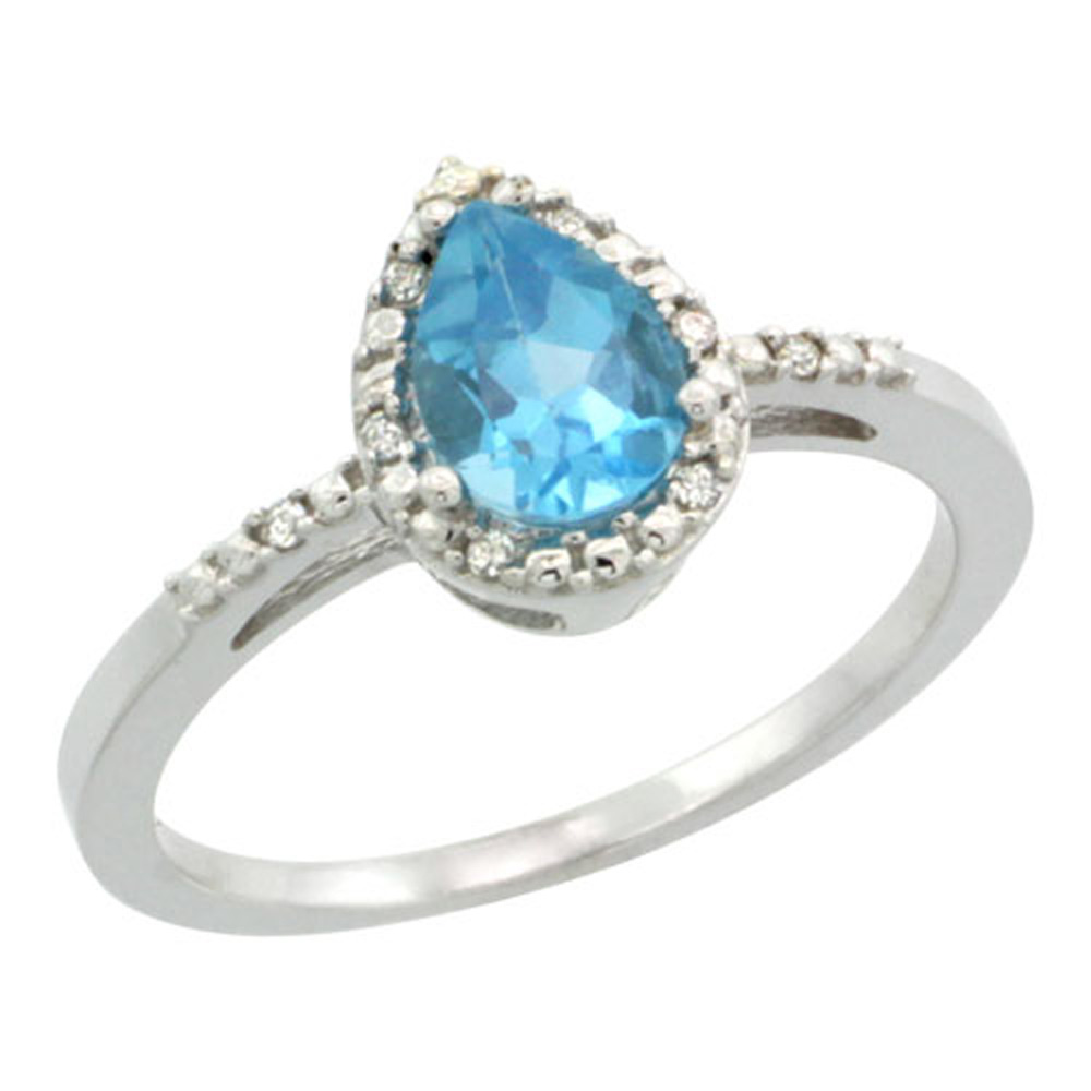 Sterling Silver Diamond Natural Swiss Blue Topaz Ring Pear 7x5mm, 3/8 inch wide, sizes 5-10
