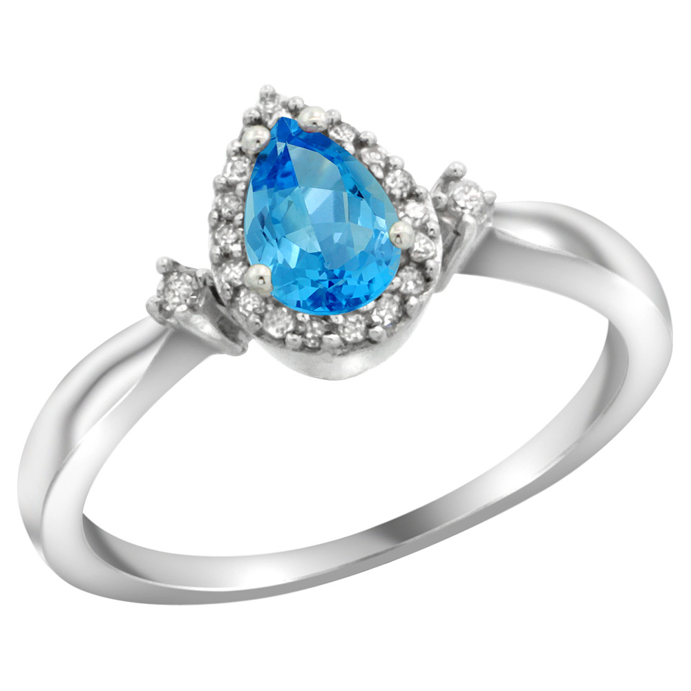Sterling Silver Diamond Natural Swiss Blue Topaz Ring Pear 6x4mm, 3/8 inch wide, sizes 5-10