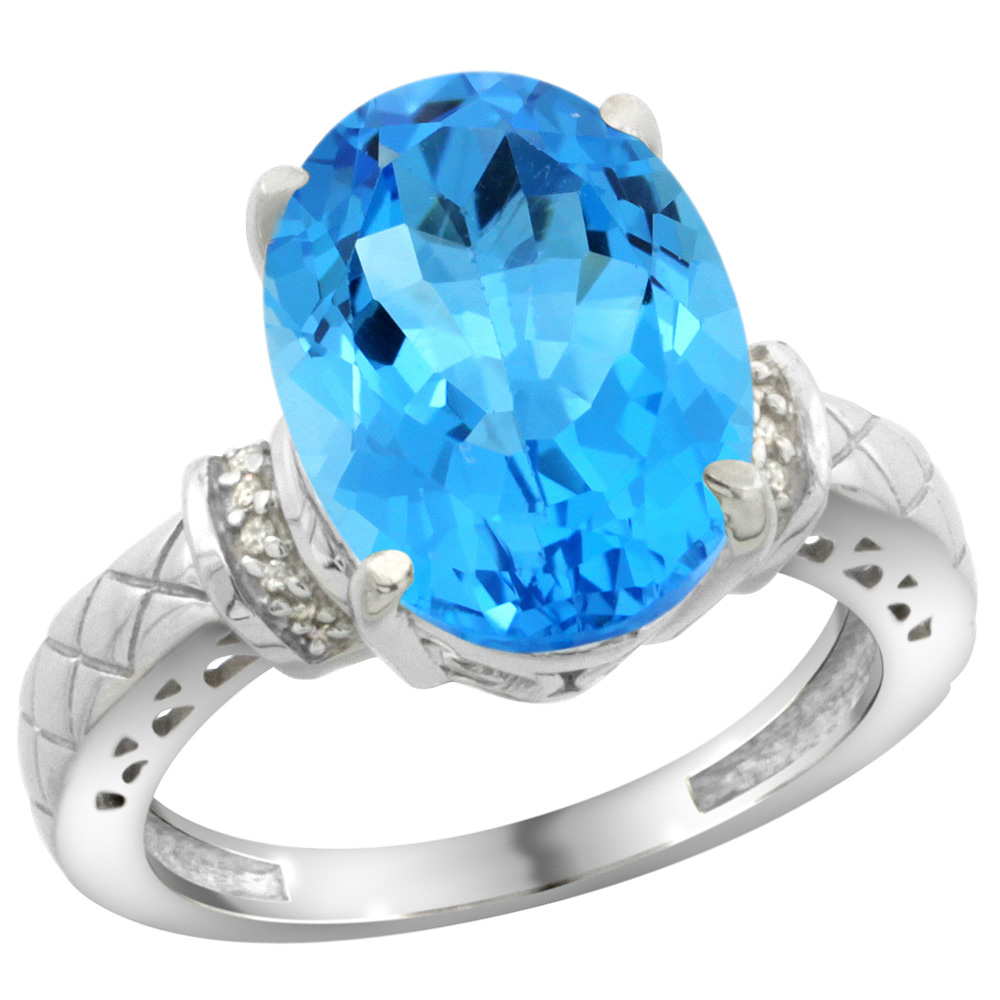 Sterling Silver Diamond Natural Swiss Blue Topaz Ring Oval 14x10mm, sizes 5-10