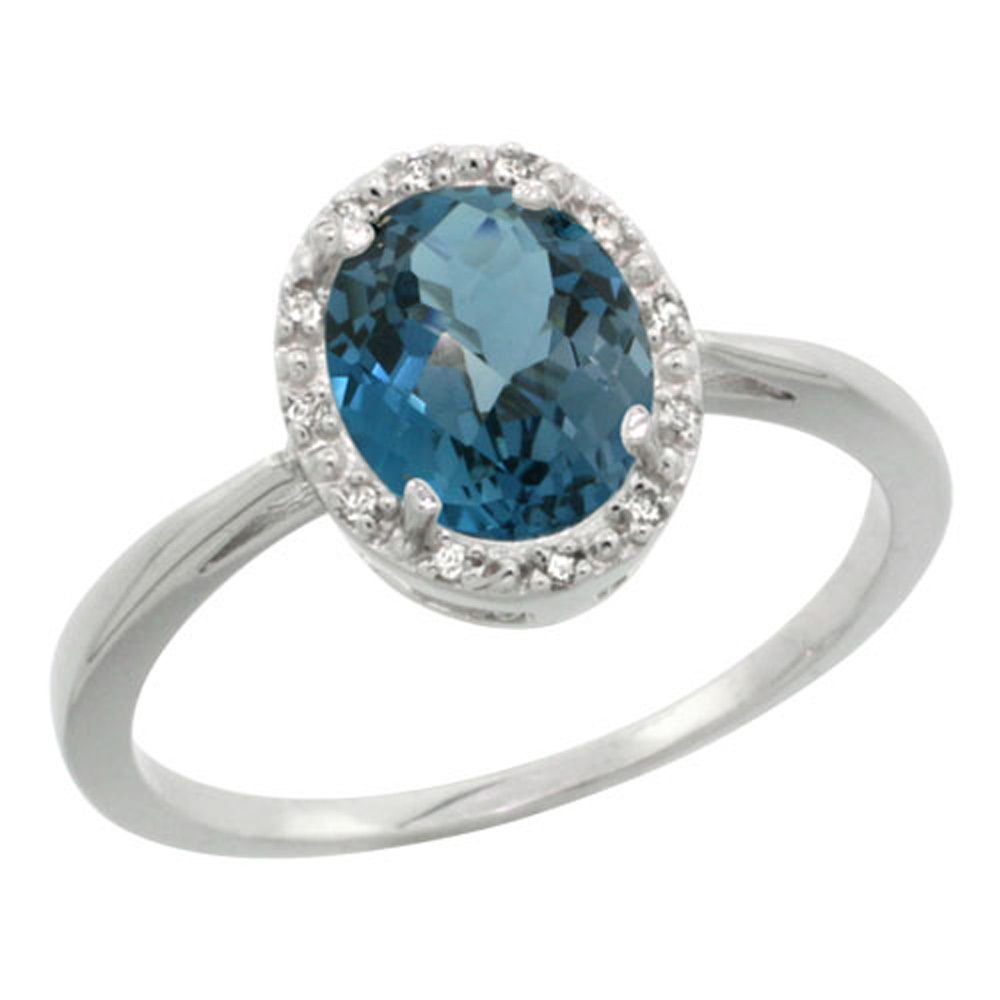 Sterling Silver Natural London Blue Topaz Diamond Halo Ring Oval 8X6mm, 1/2 inch wide, sizes 5 10