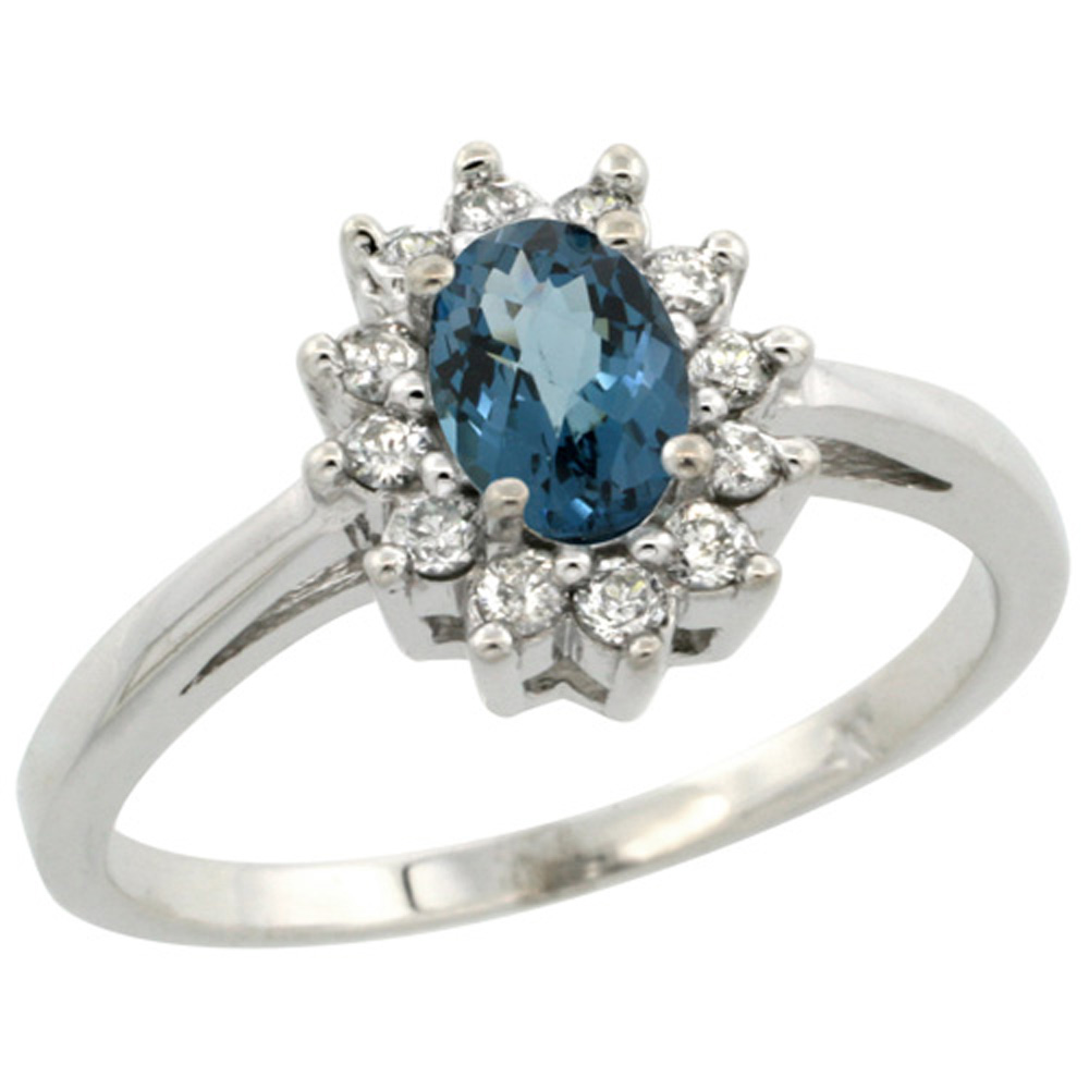 Sterling Silver Natural London Blue Topaz Diamond Flower Halo Ring Oval 6X4mm, 3/8 inch wide, sizes 5 10
