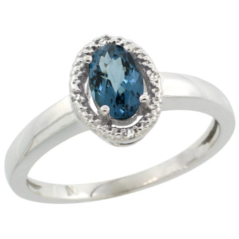 Sterling Silver Diamond Halo Natural London Blue Topaz Ring Oval 6X4 mm, 3/8 inch wide, sizes 5-10