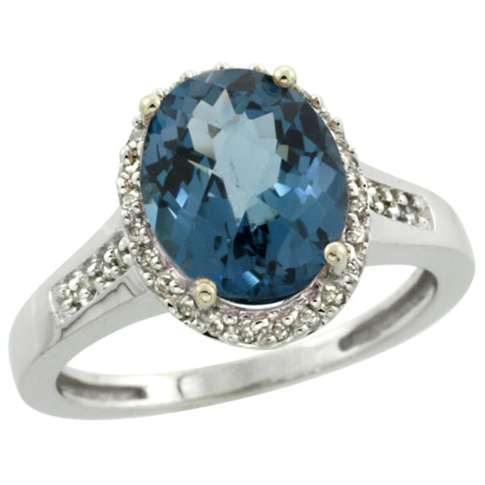 Sterling Silver Diamond Natural London Blue Topaz Ring Oval 10x8mm, 1/2 inch wide, sizes 5-10