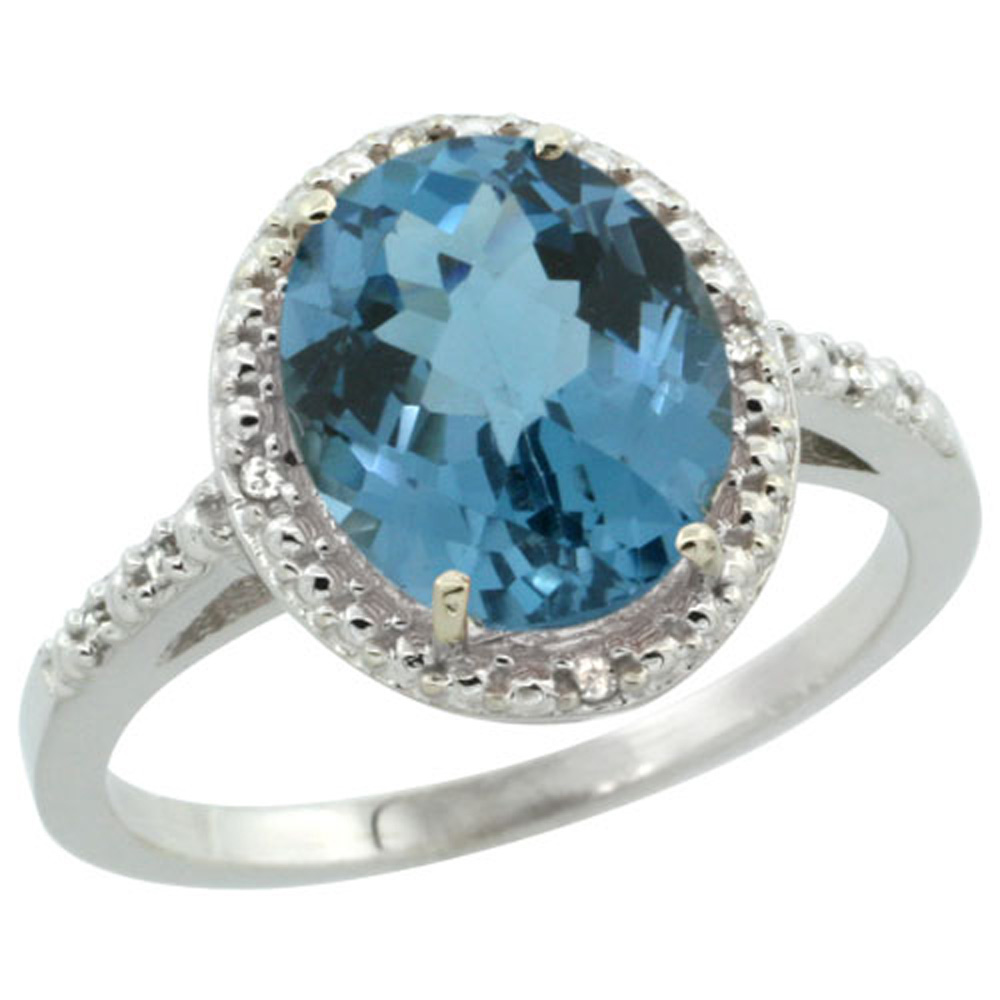Sterling Silver Diamond Natural London Blue Topaz Ring Oval 10x8mm, 1/2 inch wide, sizes 5-10