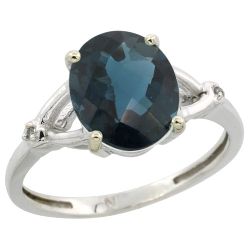 STERLING SILVER SIMPLE LARGE 4 PRONG 10X8MM OVAL LONDON BLUE TOPAZ ENGAGEMENT RING FOR WOMEN 3/8 INCH WIDE SIZES 6-10 (NO CHAIN)