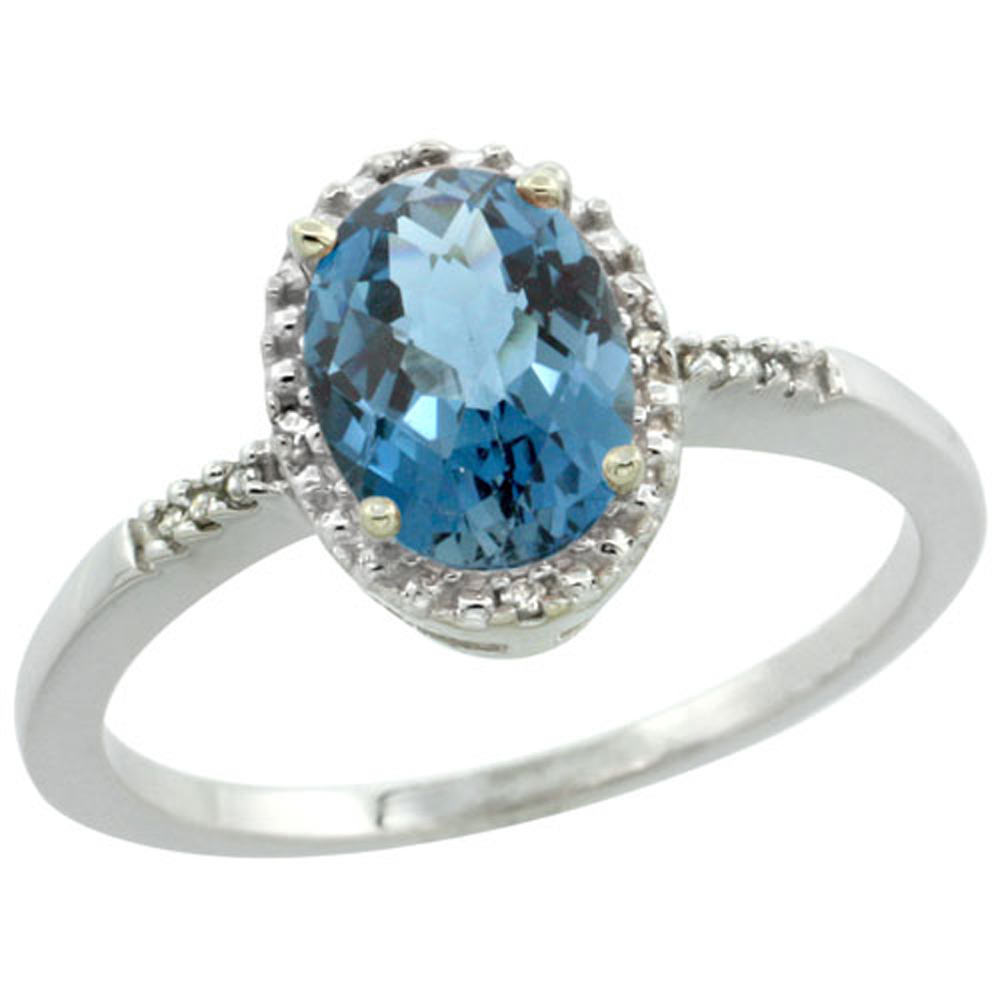 Sterling Silver Diamond Natural London Blue Topaz Ring Oval 8x6mm, 3/8 inch wide, sizes 5-10