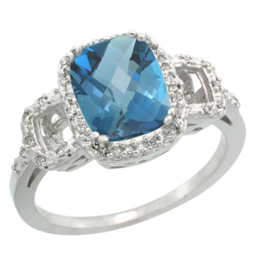 Sterling Silver Diamond Natural London Blue Topaz Ring Cushion-cut 9x7mm, 1/2 inch wide, sizes 5-10
