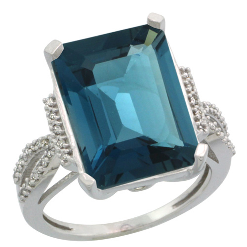 Sterling Silver Diamond Natural London Blue Topaz Ring Emerald-cut 16x12mm, 3/4 inch wide, sizes 5-10
