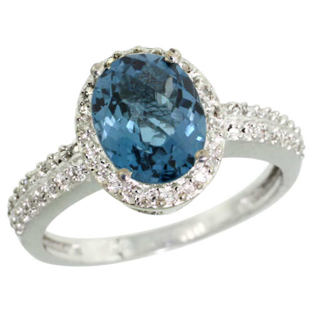 Sterling Silver Diamond Natural London Blue Topaz Ring Oval 9x7mm, 1/2 inch wide, sizes 5-10