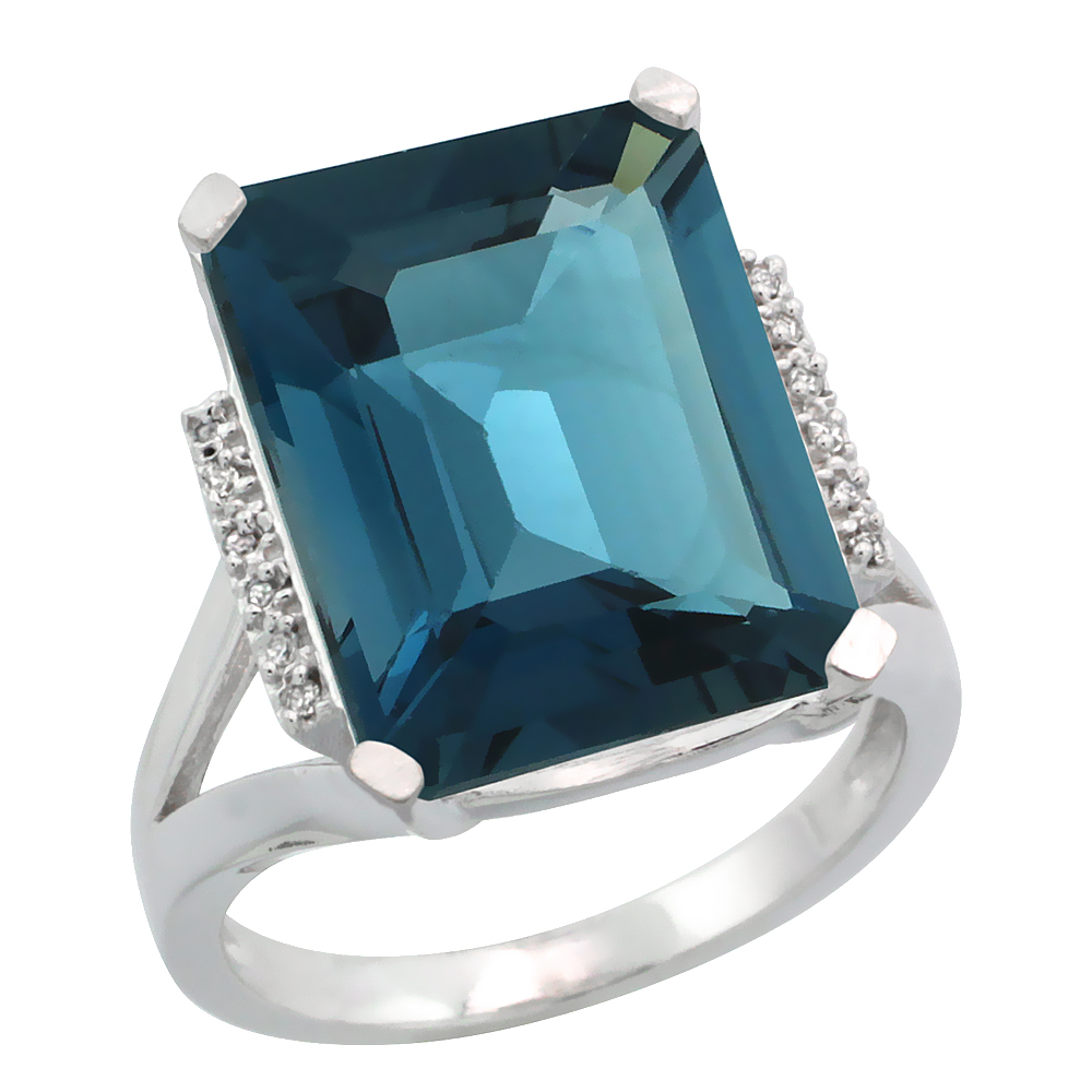 Sterling Silver Diamond Natural London Blue Topaz Ring Emerald-cut 16x12mm, 3/4 inch wide, sizes 5-10