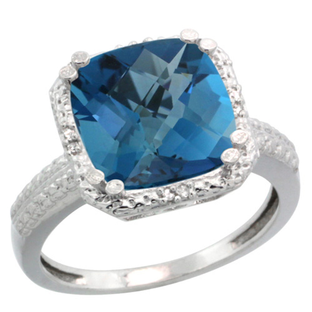 Sterling Silver Diamond Natural London Blue Topaz Ring Cushion-cut 11x11mm, 1/2 inch wide, sizes 5-10