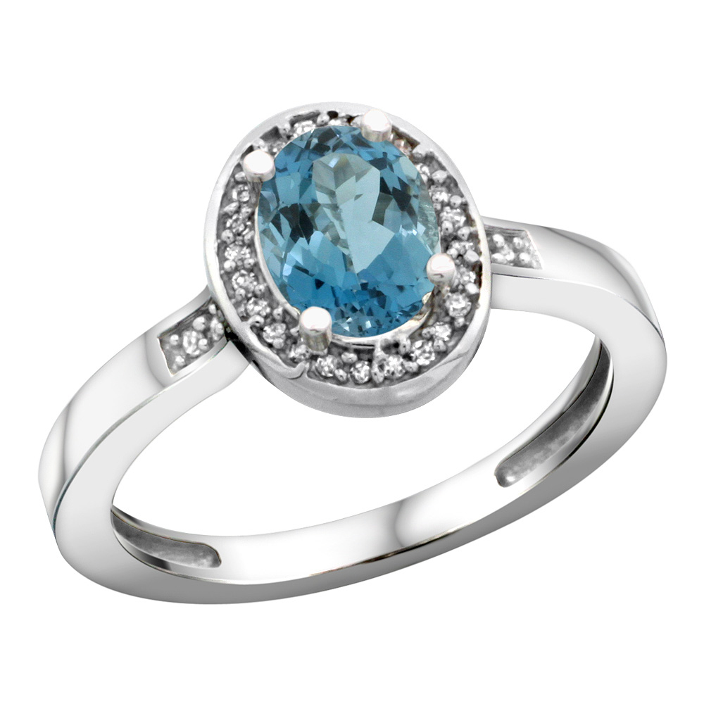 Sterling Silver Diamond Natural London Blue Topaz Ring Oval 7x5mm, 1/2 inch wide, sizes 5-10